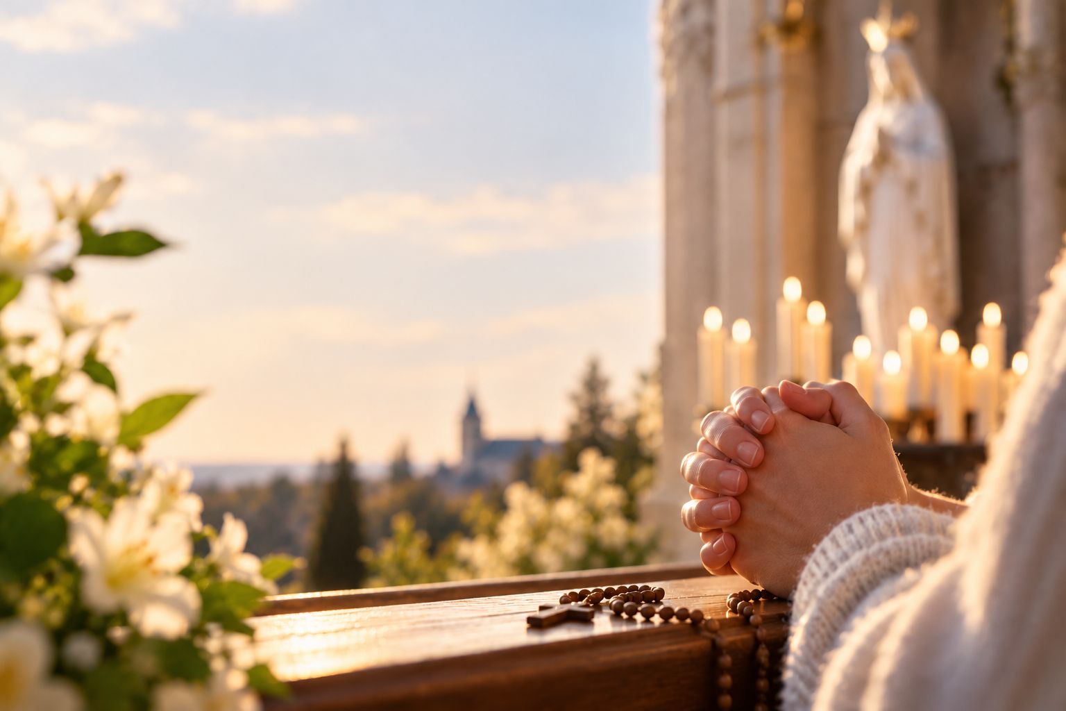 Des mains jointes en prière devant une statue de la Vierge et des cierges